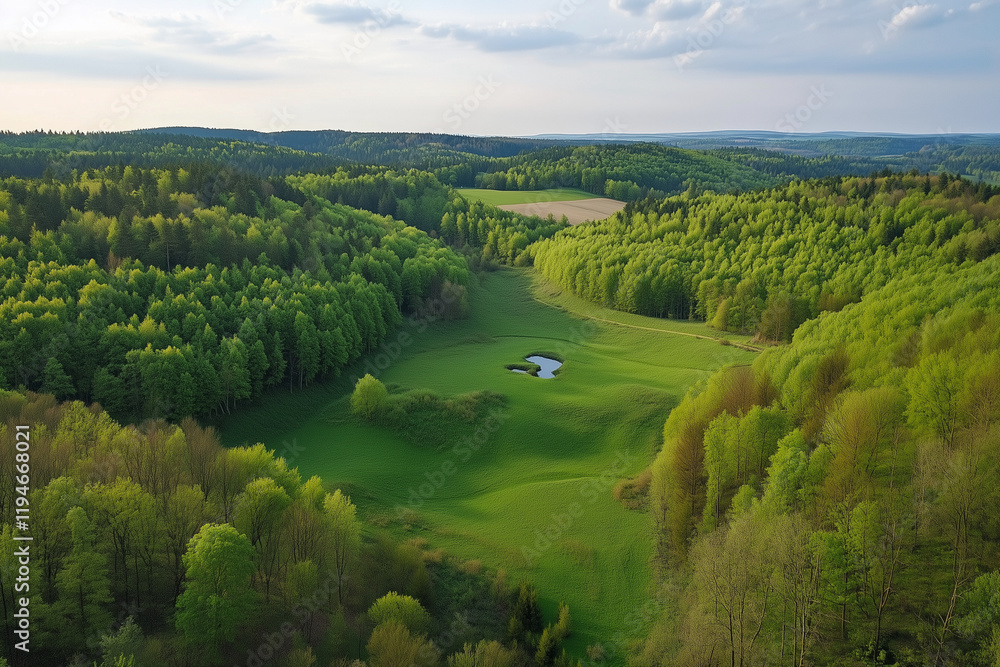 Poster lush green field with a pond in the middle. the sky is cloudy and the trees are in full bloom