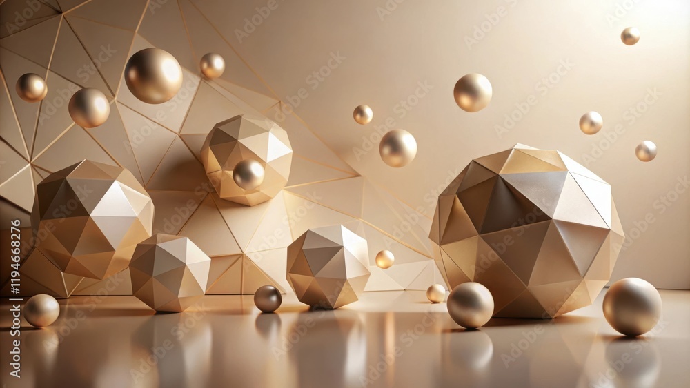 Poster abstract golden geometric shapes and spheres on a reflective surface