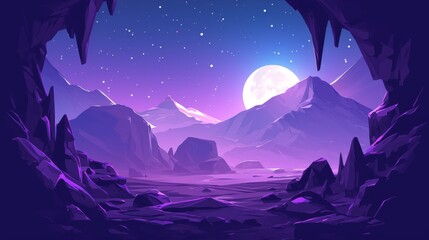 Obraz premium Cave View Reveals Majestic Mountains Under a Full Moon at Night.
