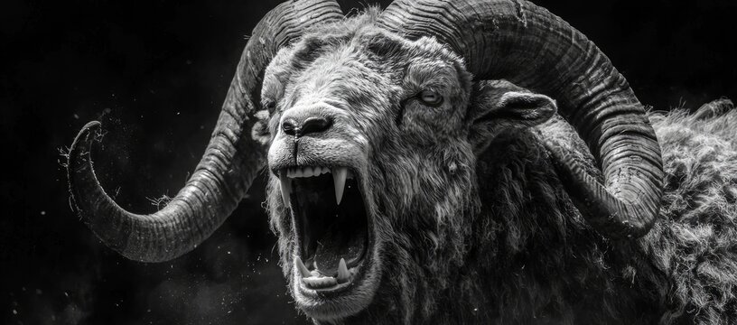 Angry ram portrait, dark background, wildlife. Print, website