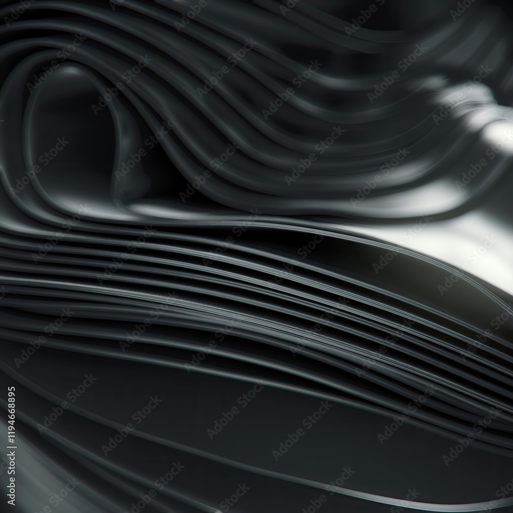 Poster Black and white illustration of waves of stripes of shiny metallic fabric with depth of field effect and play of light highlights. 3d rendering