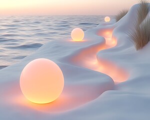 Glowing orbs illuminate a path along a snowy beach at sunset.