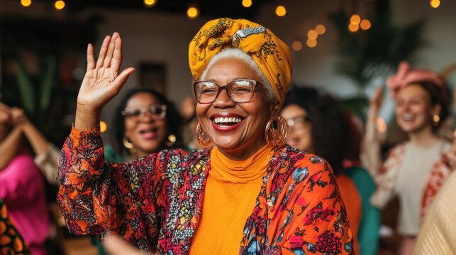 Joyful Senior Woman Dancing at Party, Perfect for Inspirational and Inclusive Marketing