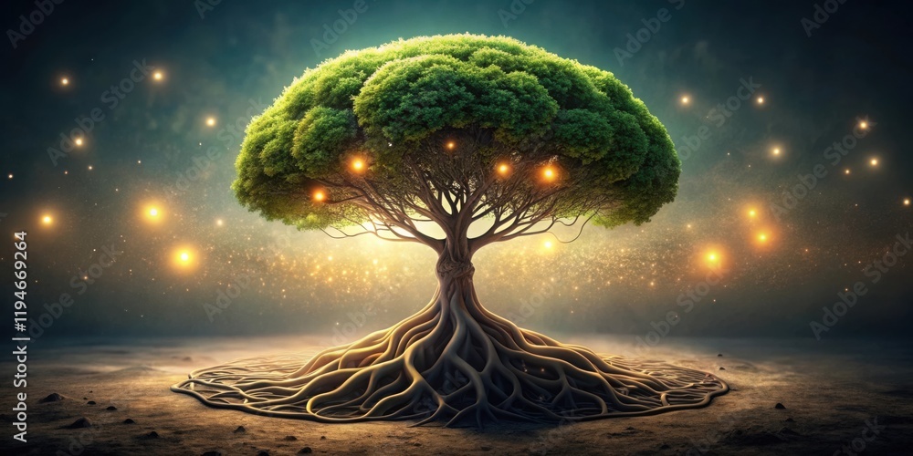 Poster enchanted tree of life with glowing lights and deep roots