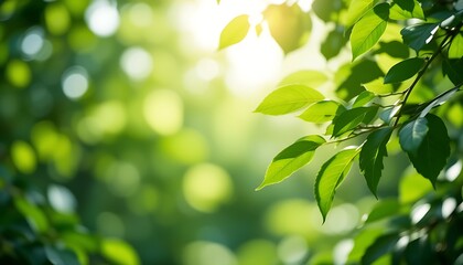 Fototapeta premium Blurred Natural Background Featuring Lush Green Leaves with Sunlight Filtering Through, Creating a Fresh and Organic Look for Eco-Friendly or Wellness Themes with Copy Space Generative AI