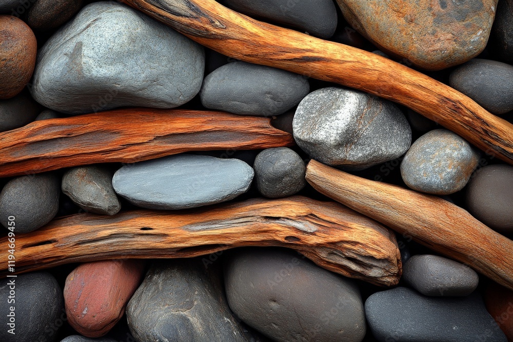 Poster a high-resolution image showcasing colorful stones mixed effortlessly with driftwood, creating a har