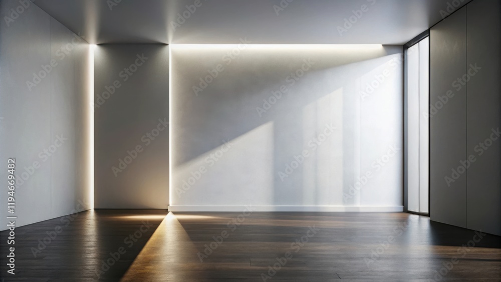 Aufkleber Modern minimalist empty room with sunlight streaming through a large window and illuminated wall features