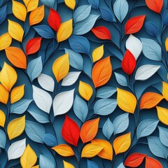 Vibrant 3D Embroidery and Papercut Floral Pattern with Colorful Leaves in a Repeating Design on a Rich Blue Background