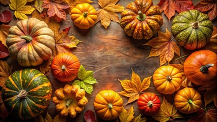 Fototapeta premium Autumn Harvest Colorful Pumpkins and Vibrant Fall Leaves on Rustic Wood