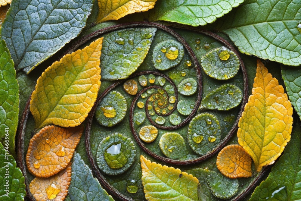 Poster a mesmerizing display of leaves in orange and green, creating an artistic, abstract spiral pattern t
