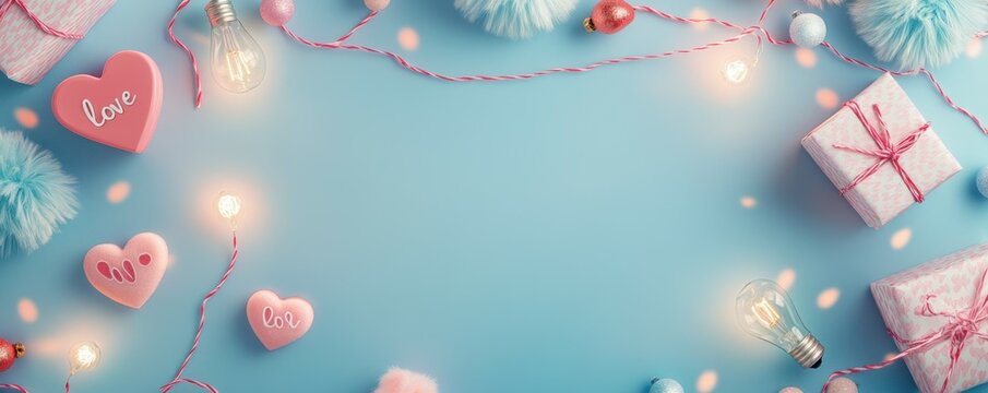 Fototapeta Valentine's Day concept. Top view photo of gift boxes light bulb garland soft heart shaped toy inscriptions love and fluffy pompons on isolated pastel blue background with empty space