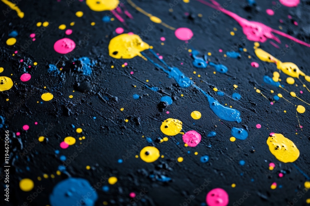 Aufkleber A colorful splatter of various paint dots is arranged on a textured black canvas, creating a lively and dynamic visual experience that attracts and intrigues viewers.