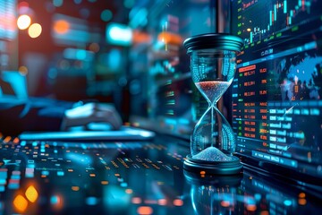 Title: Modern Accountant Utilizes Holographic Screens and AI for Invoice Analysis, with Clockwork Hourglass Countdown to Tax Deadline