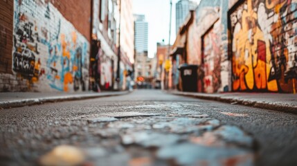 Fototapeta premium Urban Alleyway with Colorful Graffiti and Cobblestone Path, Perfect for Street Art Photography
