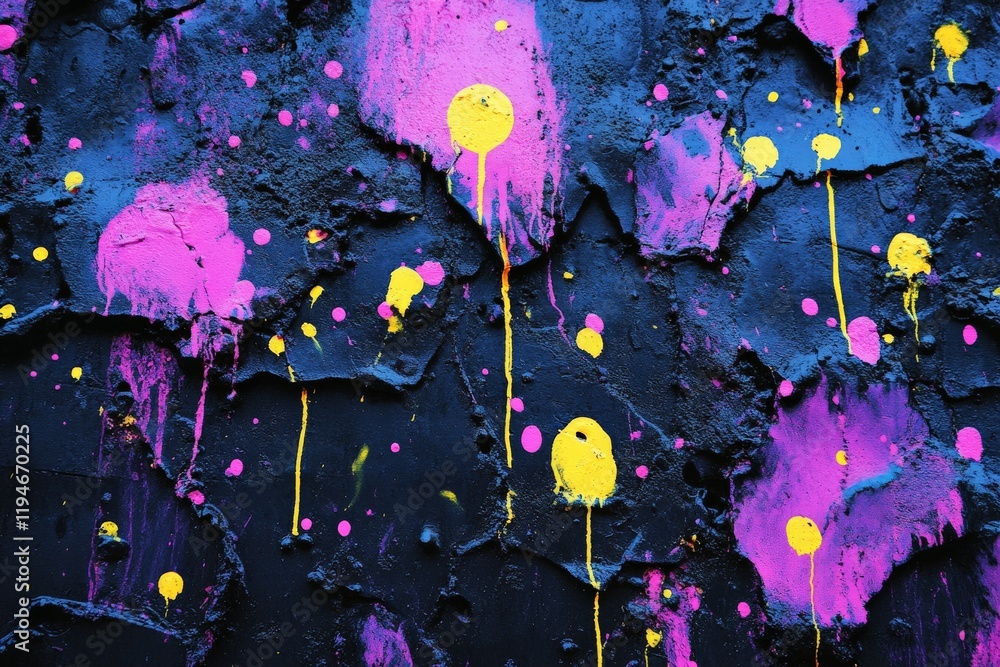 Poster A vibrant combination of pink and yellow splashes and spots cover a dark textured wall, creating an energetic and dynamic visual composition with vivid colors.