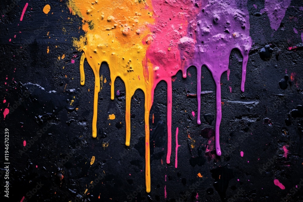 Aufkleber orange and purple paint drips flow down a textured surface, creating an abstract artwork that highli