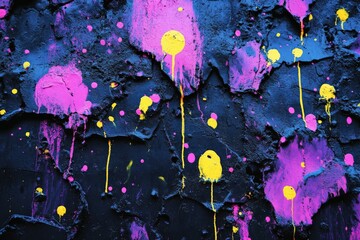 A vibrant combination of pink and yellow splashes and spots cover a dark textured wall, creating an energetic and dynamic visual composition with vivid colors.
