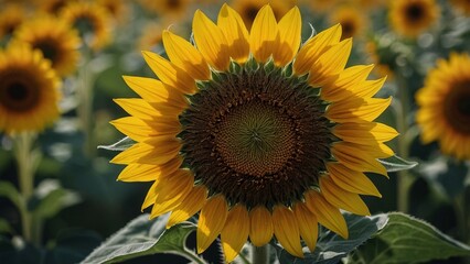 Close-up photo of a sunflower on sunny day. Field of sunflowers