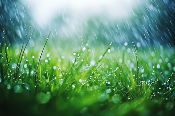 Close-up shot capturing raindrops glistening on fresh green grass, set against a blurred background, evoking the calm of a refreshing rainstorm.