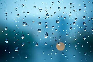 Raindrops gracefully sliding down a window pane, capturing the reflective and evocative mood of a rainy day and the blurred world beyond the glass.
