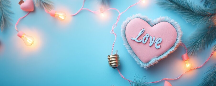 Fototapeta Valentine's Day concept. Top view photo of gift boxes light bulb garland soft heart shaped toy inscriptions love and fluffy pompons on isolated pastel blue background with empty space
