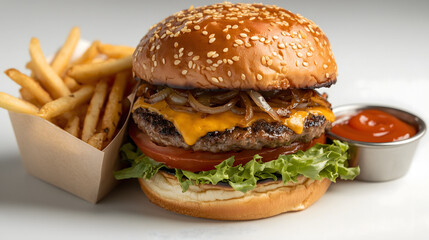 Juicy Cheeseburger with Sesame Bun, Melted Cheddar, and Golden Fries - Classic Fast Food Photography