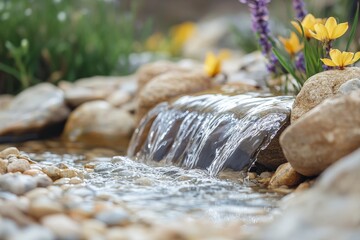 Vibrant garden scene featuring a small waterfall flowing over rocks, surrounded by colorful flowers, illustrating the charming blend of nature's elements.