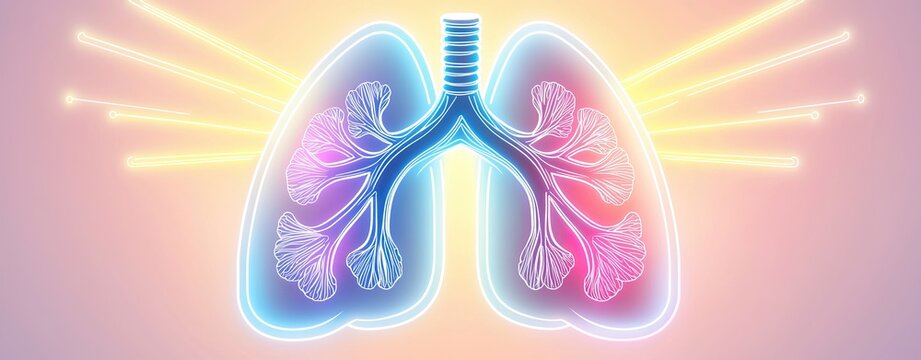 Illustrations of Healthy Lungs and Breathing Exercises to Strengthen Respiratory Function, featuring neon light beams radiating from conceptual lungs, with a meditative background design.