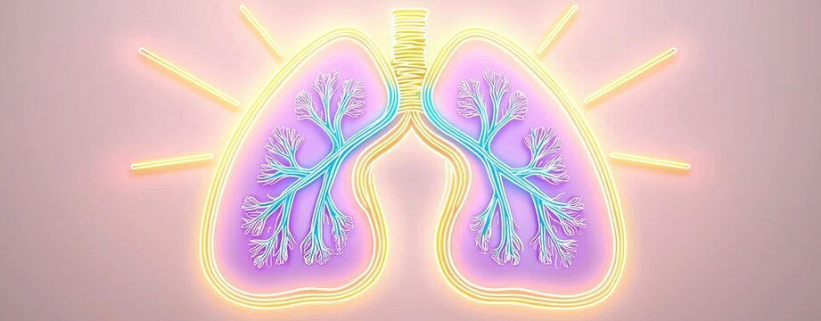 Illustrations of Healthy Lungs and Breathing Exercises to Strengthen Respiratory Function, featuring neon light beams radiating from conceptual lungs, with a meditative background design.