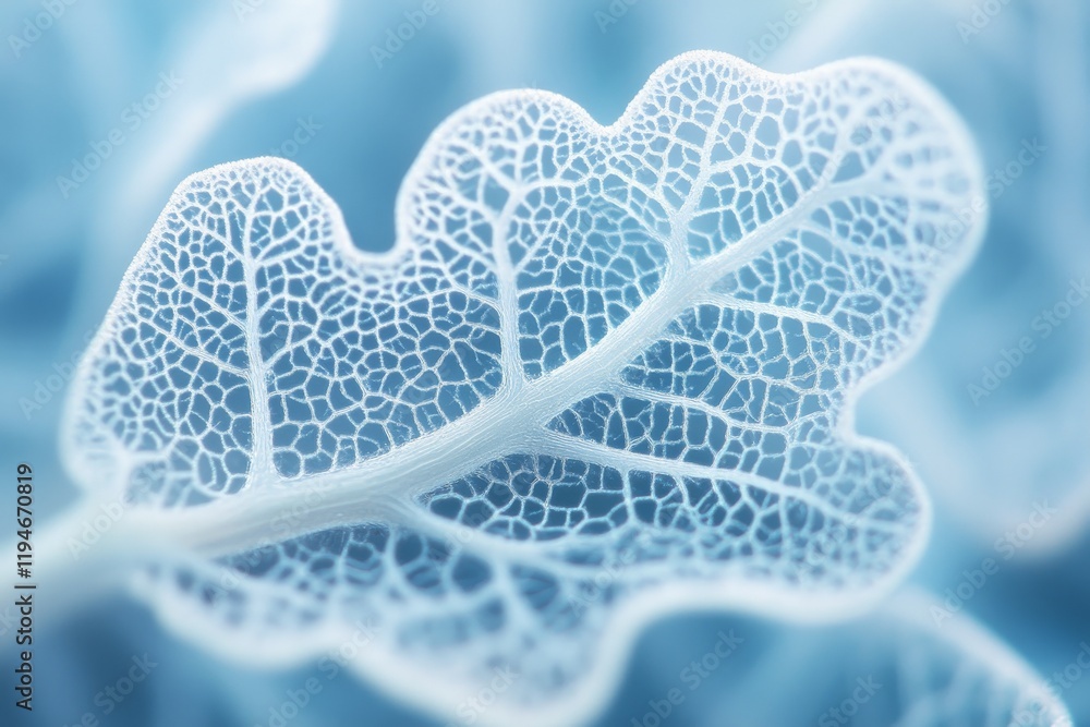 Poster A macro view of a delicate leaf with intricate veiny patterns set against a striking blue background, capturing the interplay of light and natural forms in nature.