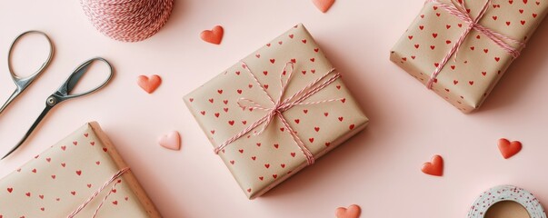 Valentine's Day concept. Top view photo of gift boxes in wrapping paper with heart pattern spool of twine scissors and sprinkles on isolated pastel pink background with empty space