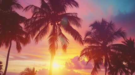 Obraz premium Tropical sunset beach palm trees silhouette (2)