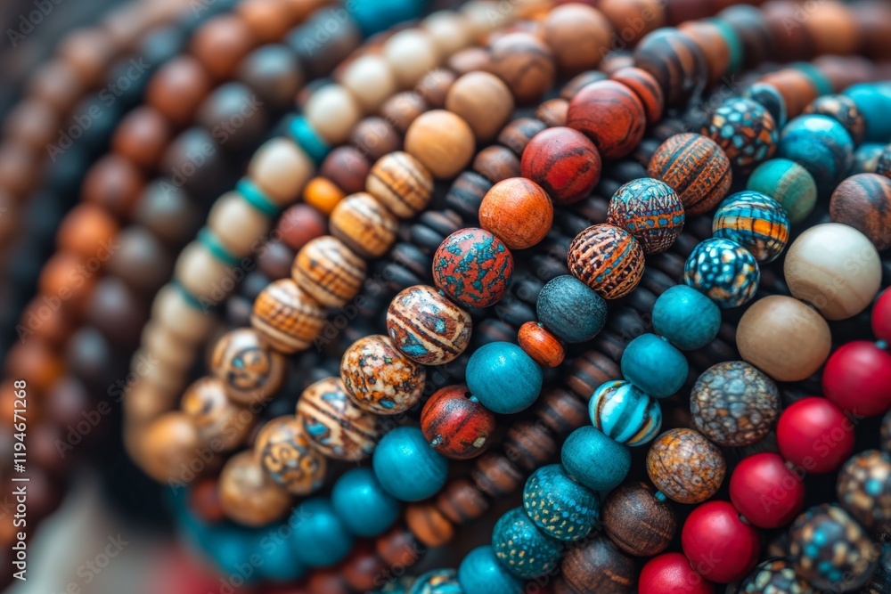 Poster vibrant wooden beads with intricate patterns create stunning bracelets capturing cultural and artist