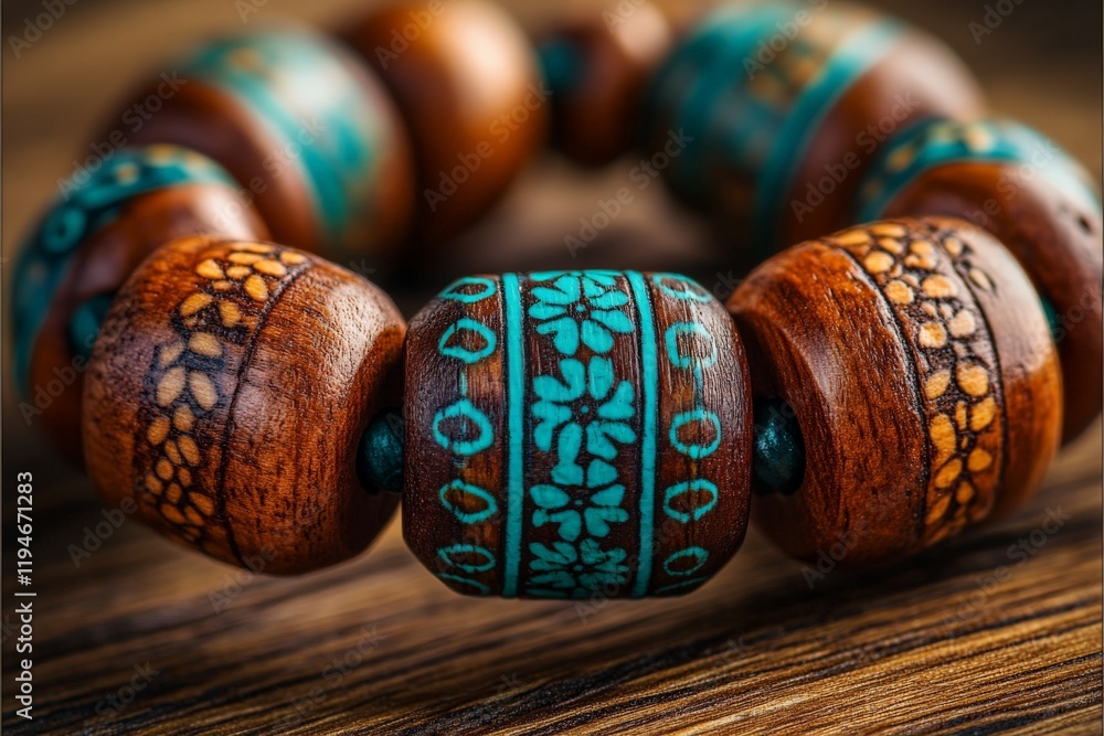 Poster intricately carved wooden beads feature turquoise and floral patterns, creating a visually stunning 