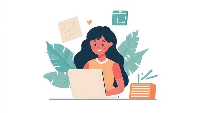 Woman Working on Laptop with Tropical Leaves