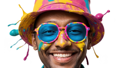 A close-up of a smiling face with multi-colored Holi splashes, funky sunglasses, and a decorated hat, isolated on a white transparent background PNG