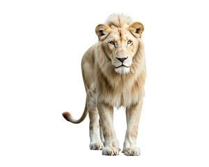 A majestic white lion, full body, standing against a white background.
