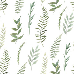 Watercolor seamless pattern. Herbal print with eucalyptus branches. Greenery hand drawn illustration on white background.
