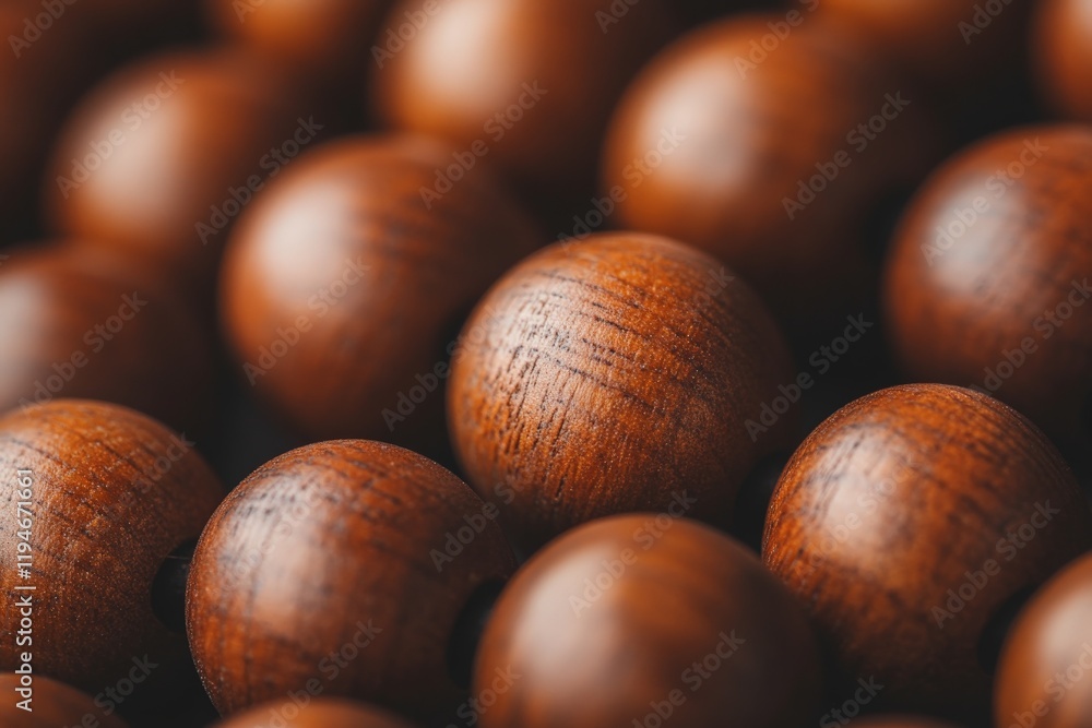 Poster an up-close look at a series of polished wooden beads, focusing on the intricate natural patterns an