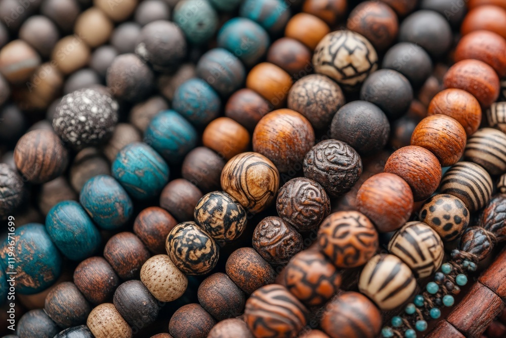 Poster a variety of wooden beads featuring intricate patterns and textures, highlighting a mix of colors an
