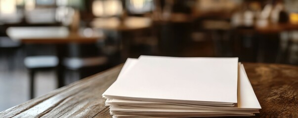 A stack of blank folded menus on a cafe table, rustic ambiance, 4k photo.