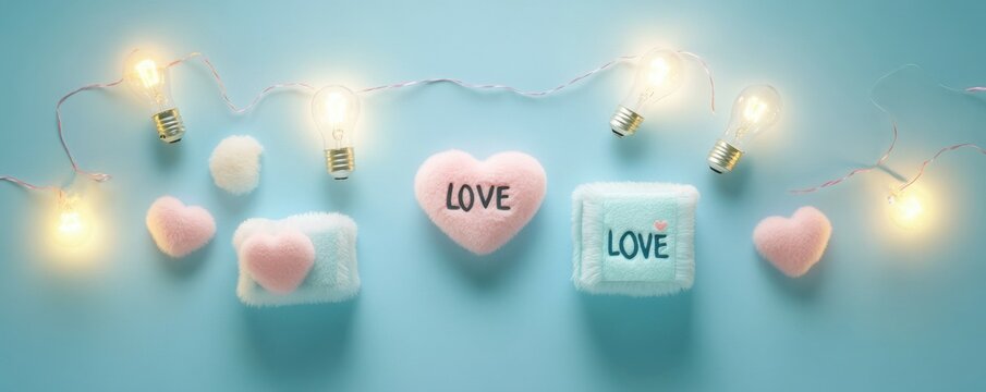 Fototapeta Valentine's Day concept. Top view photo of gift boxes light bulb garland soft heart shaped toy inscriptions love and fluffy pompons on isolated pastel blue background with empty space