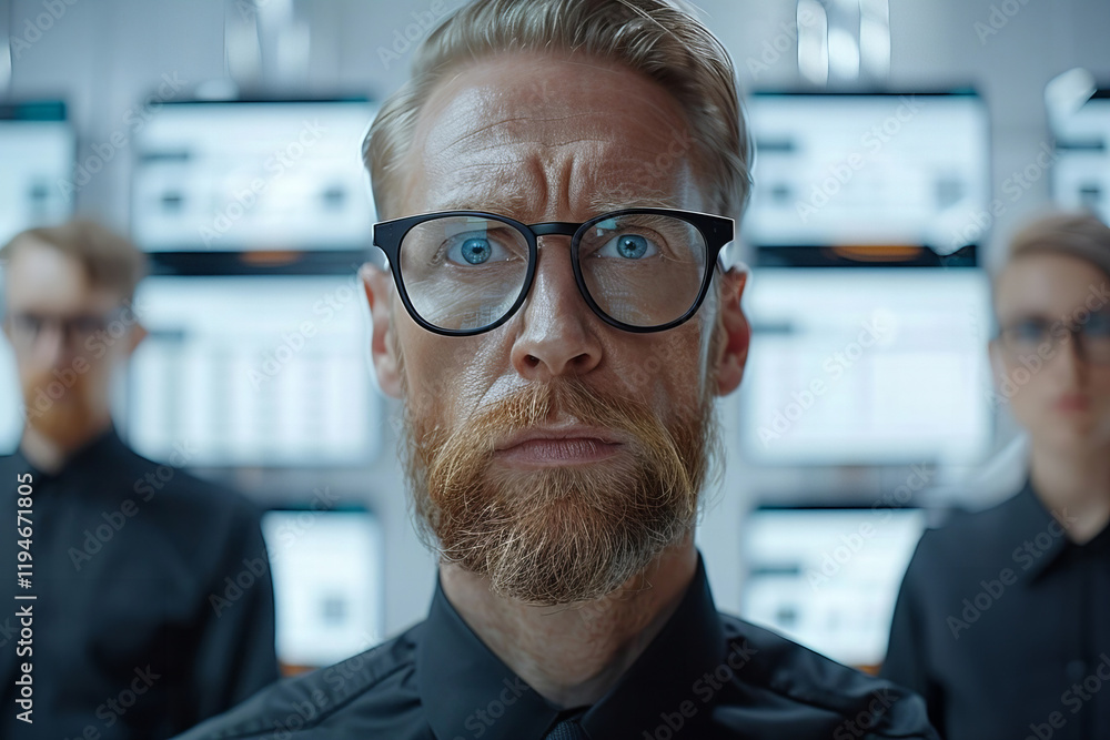 Poster holographic screens showcase stylish individuals wearing glasses and classy beards displaying e-invo