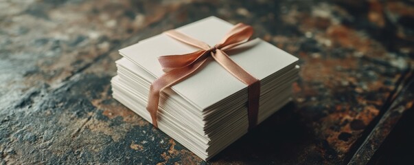 A stack of business card mockups tied with a ribbon, placed on a textured table, 4k photo.