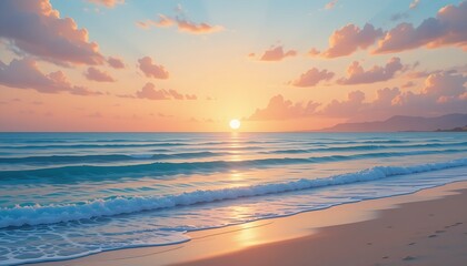 Obraz premium Illustrated Landscape of a Calm Beach at Sunset with Soft Gradient Colors, Light Waves Rolling onto the Shore, and a Sky Full of Warm Hues, Perfect for Relaxation, Travel, and Wellness Branding Genera