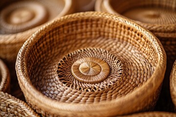 A detailed close-up displays the skillful weaving of a straw basket, highlighting the fine texture and precision involved in its artisanal creation process.