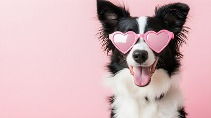 Fototapeta premium Black and white cute dog on pastel background. Border Collie puppy in pink heart shaped Valentine's day sunglasses. Greeting card banner for Women's and Mother's day, birthday, wedding with copy space
