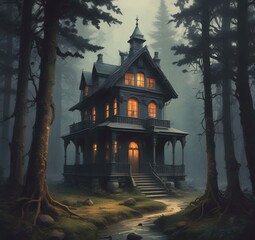 Fototapeta premium Illustration of ghost house in creepy forest.