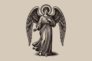 Vintage black and white engraving of Archangel Gabriel, vector art