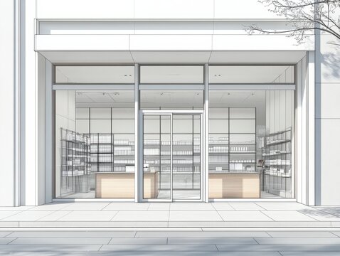 Modern Retail Store Architectural Design Wireframe Exterior View  Showcase Minimalist Shop Concept